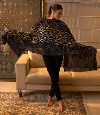 Stole Indian Wedding Wear - Black Astral Art Pure Cashmere by Mauli