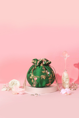 Green athena embroidered round potli