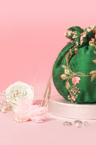 Green athena embroidered round potli