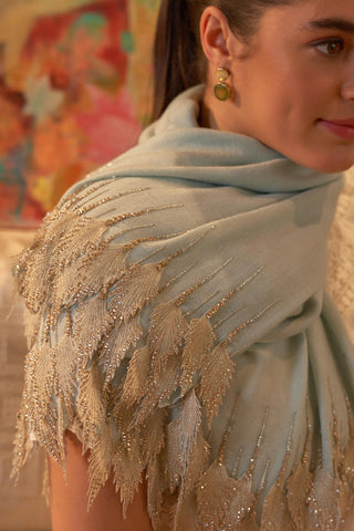 Stole Indian Wedding - Blue Leafy Sparkle Royal Fine Merino Wool by Mauli