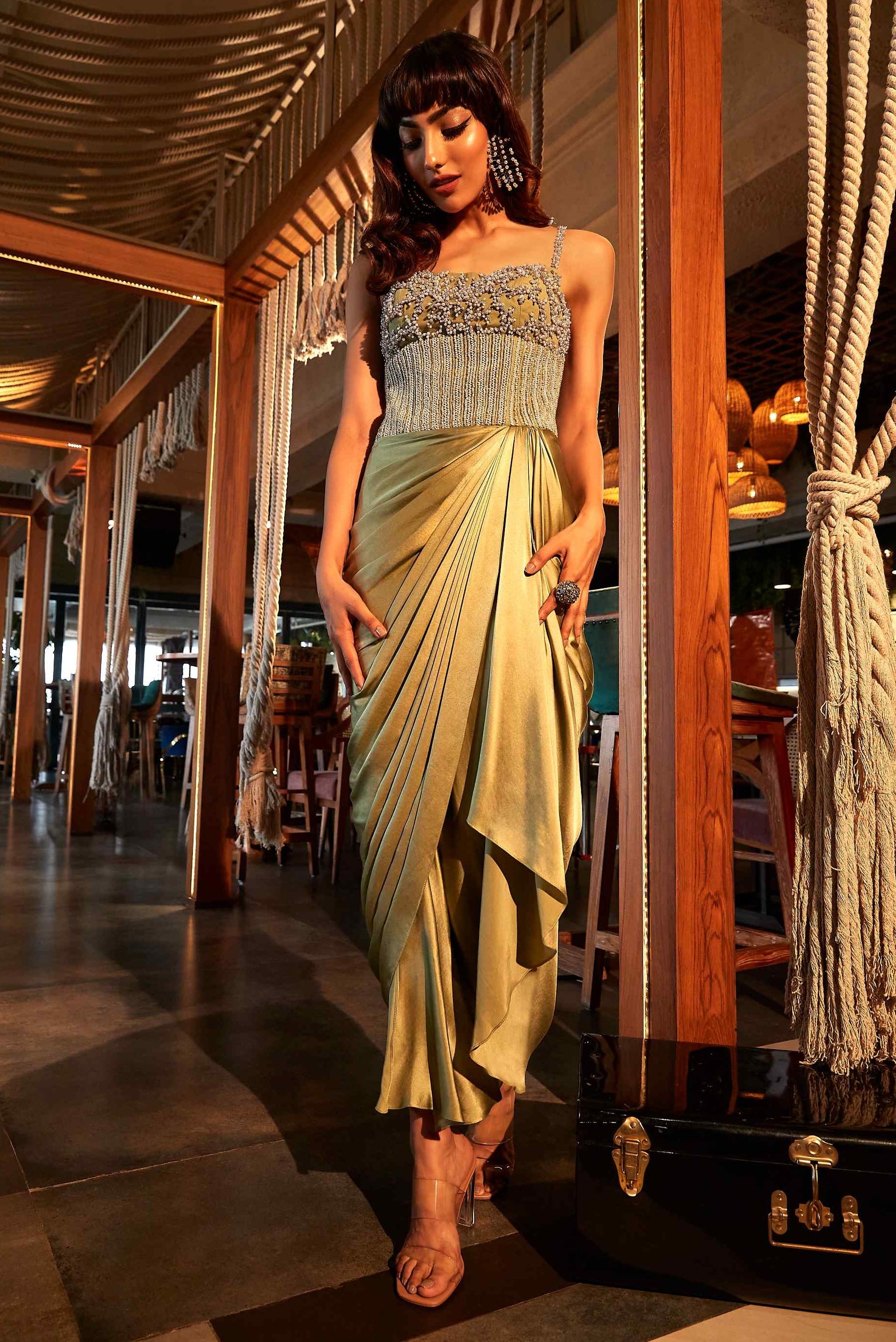 Sage green draped pearl corset dress m / green / women Sage green draped pearl corset dress m / green / women