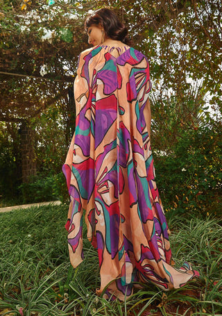 Peach fuss printed top, drape skirt and throw