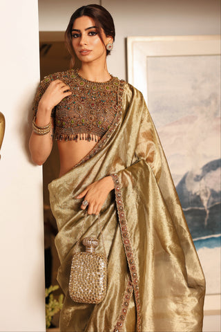 Draped Saree Indian Wedding - Gold svarnalekha jadaau by Itrh