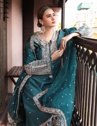 Teal blue chanderi embroidered kurta set