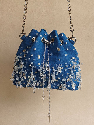 Blue pearl-embellished bag with crossbody chain