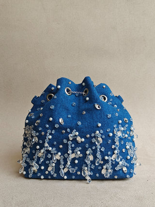 Blue pearl-embellished bag with crossbody chain