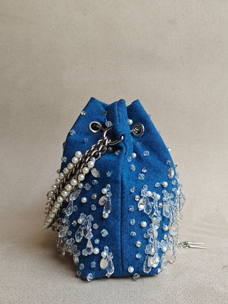 Blue pearl-embellished bag with crossbody chain