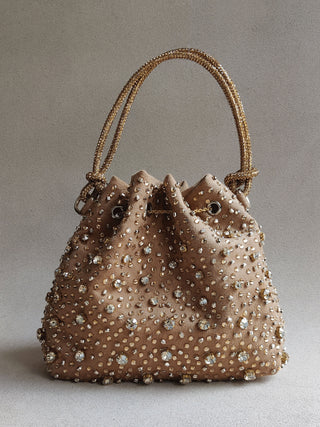 Gold sparkling bucket bag with dazzling crystals