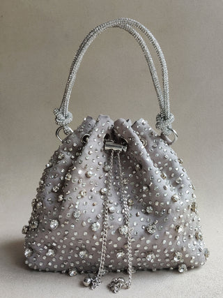 Gray dazzling bucket bag with shimmering crystals