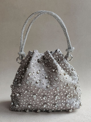 Gray dazzling bucket bag with shimmering crystals