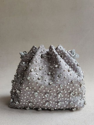 Gray dazzling bucket bag with shimmering crystals