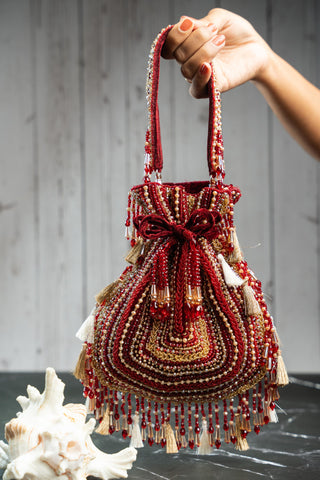 Bridal Potli Bag Indian Wedding – Red Baraq Garnet by Nayaab by Sonia