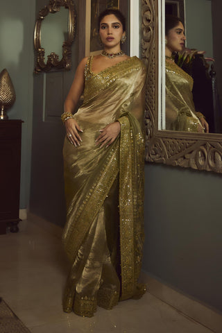 Green saanjh sheesh saree set