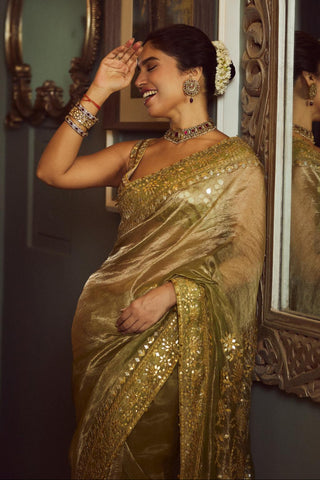 Green saanjh sheesh saree set