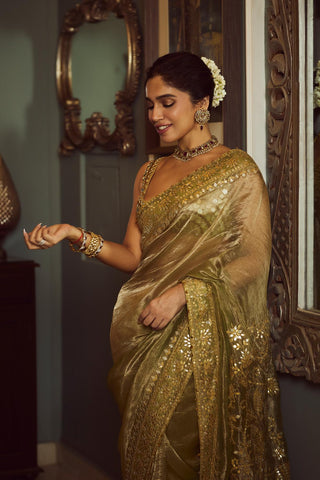 Green saanjh sheesh saree set