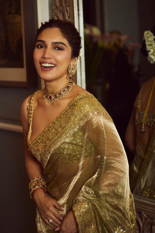 Green saanjh sheesh saree set