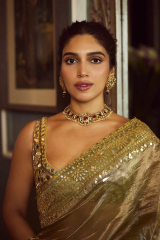 Green saanjh sheesh saree set