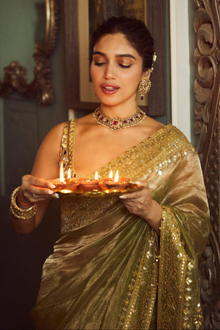 Green saanjh sheesh saree set