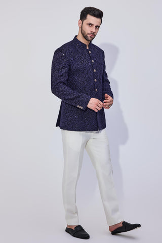 Blue bandhgala with offwhite pants