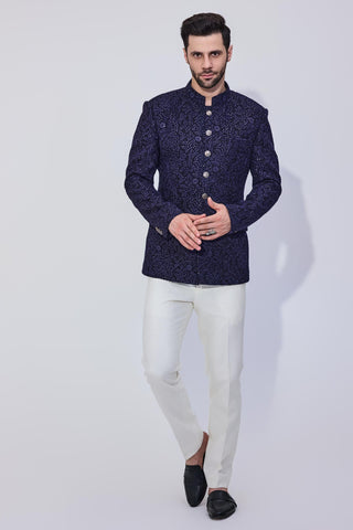 Blue bandhgala with offwhite pants