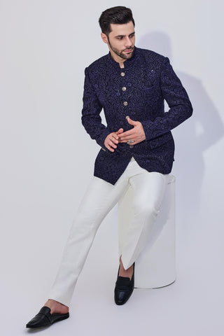 Blue bandhgala with offwhite pants