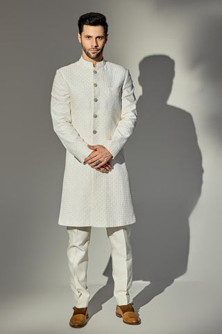 White thread work achkan set