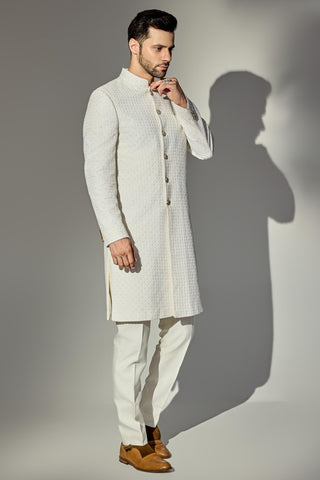 White thread work achkan set