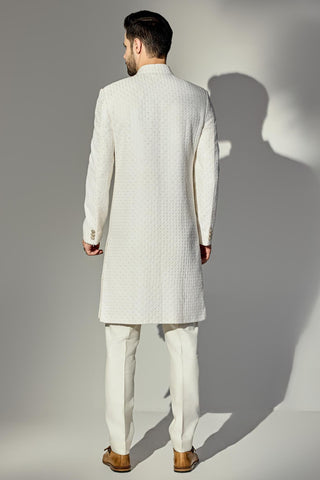 White thread work achkan set