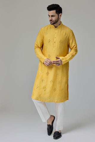 Yellow mirror work motifs kurta set