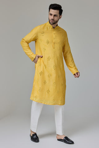 Yellow mirror work motifs kurta set