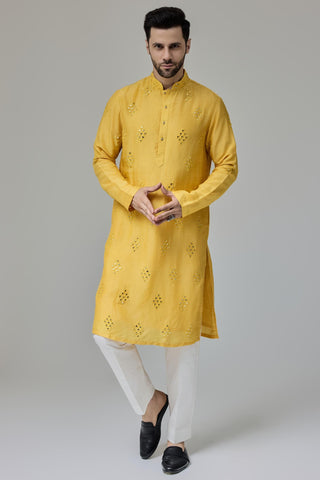 Yellow mirror work motifs kurta set