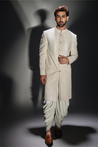 Beige burfi design achkan with dhoti