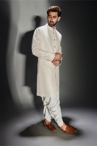 Beige burfi design achkan with dhoti