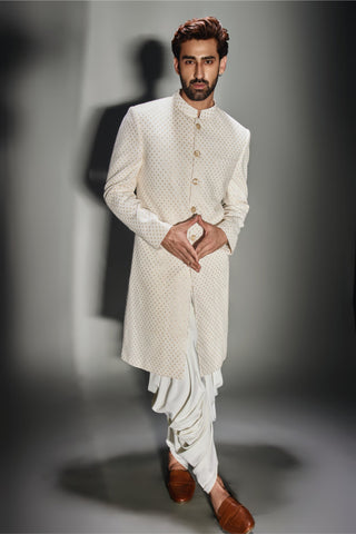 Beige burfi design achkan with dhoti