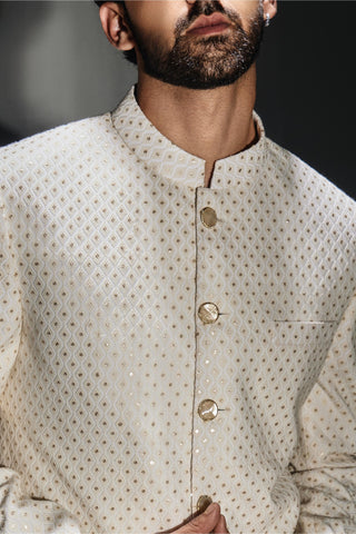 Beige burfi design achkan with dhoti