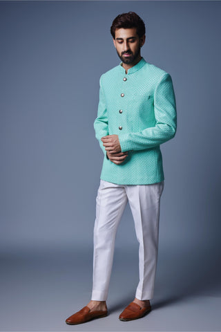 Green sequins bandhgala with pant