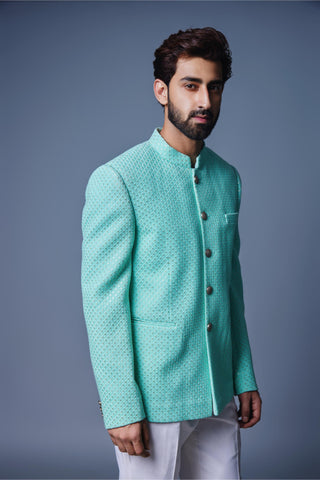 Green sequins bandhgala with pant