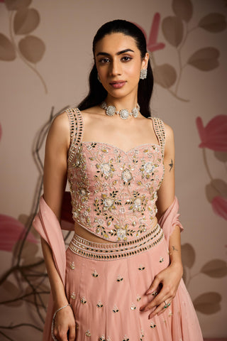 Pink camellia under bloom lehenga set