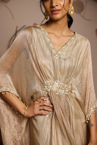 Gold hydrangea under bloom draped kaftan