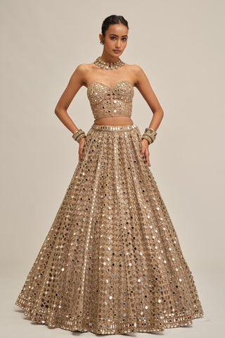 skirt set - Contemporary Wear - Beige Modern Maharani Big Mirror by Vvani by Vani Vats