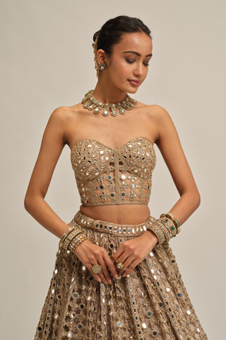 skirt set - Contemporary Wear - Beige Modern Maharani Big Mirror by Vvani by Vani Vats