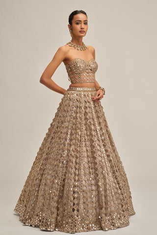 corset lehenga set - Indian Wedding - Beige Modern Maharani Diamond Mirror by Vvani by Vani Vats
