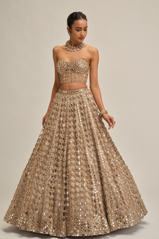corset lehenga set - Indian Wedding - Beige Modern Maharani Diamond Mirror by Vvani by Vani Vats