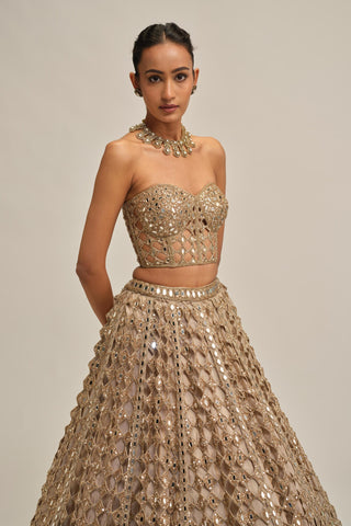 corset lehenga set - Indian Wedding - Beige Modern Maharani Diamond Mirror by Vvani by Vani Vats
