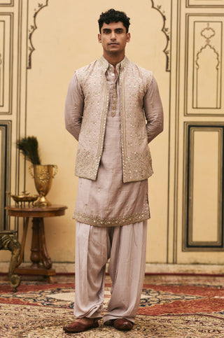 Kurta Bundi Set for Indian Wedding - Brown Polki Kastoori Tussar Silk Kurta Bundi Set by Itrh at Mrs. G