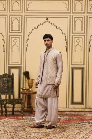 Kurta Bundi Set for Indian Wedding - Brown Polki Kastoori Tussar Silk Kurta Bundi Set by Itrh at Mrs. G
