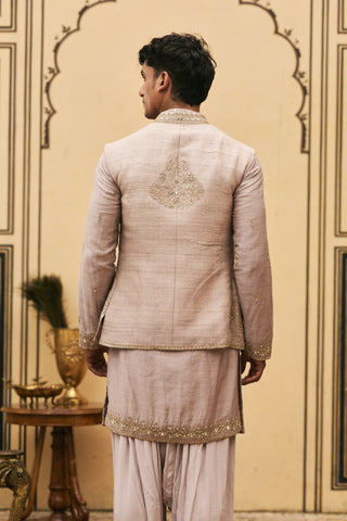 Kurta Bundi Set for Indian Wedding - Brown Polki Kastoori Tussar Silk Kurta Bundi Set by Itrh at Mrs. G