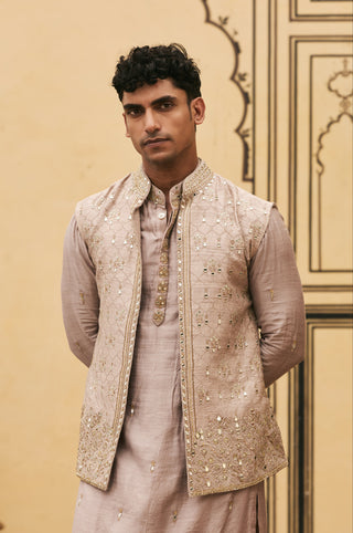 Kurta Bundi Set for Indian Wedding - Brown Polki Kastoori Tussar Silk Kurta Bundi Set by Itrh at Mrs. G