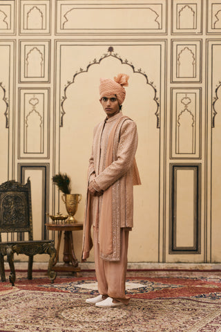Chikankari Sherwani for Indian Wedding - Peach Polki Prawal Chikankari Sherwani Set by Itrh at Mrs. G