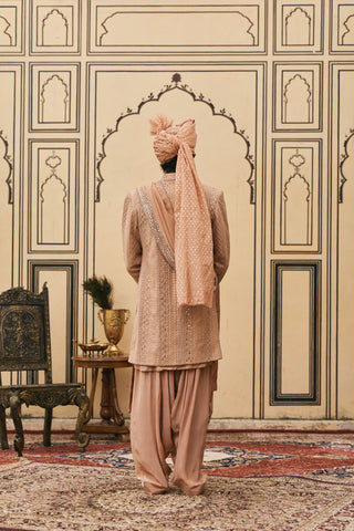 Chikankari Sherwani for Indian Wedding - Peach Polki Prawal Chikankari Sherwani Set by Itrh at Mrs. G